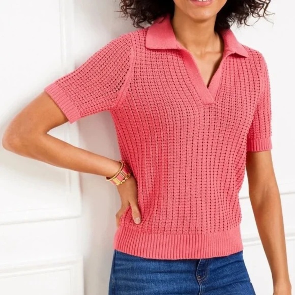 Talbots Pointelle Stitch Polo Sweater Women's Size Med Pink Rosette Short Sleeve
